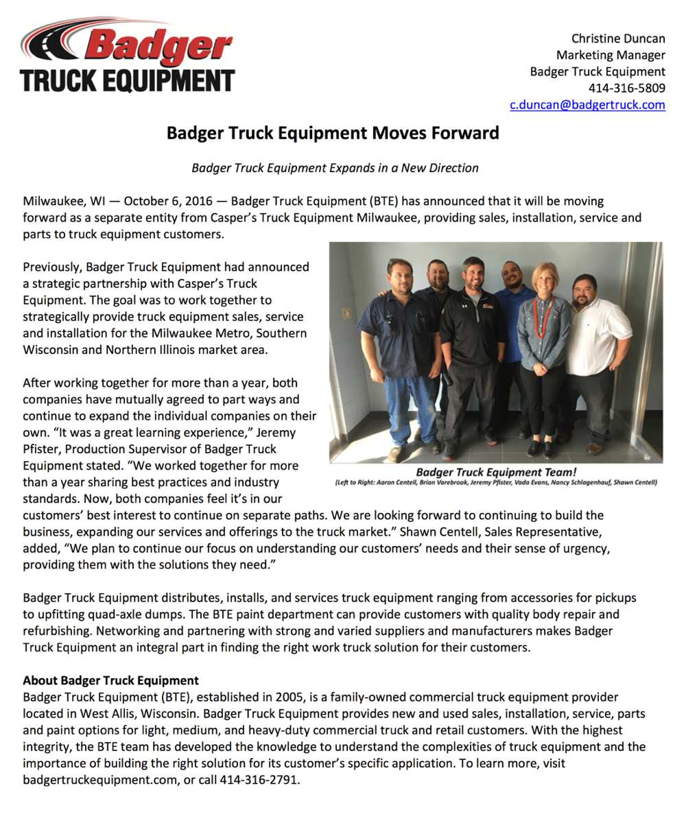 badger truck equipment moving press release