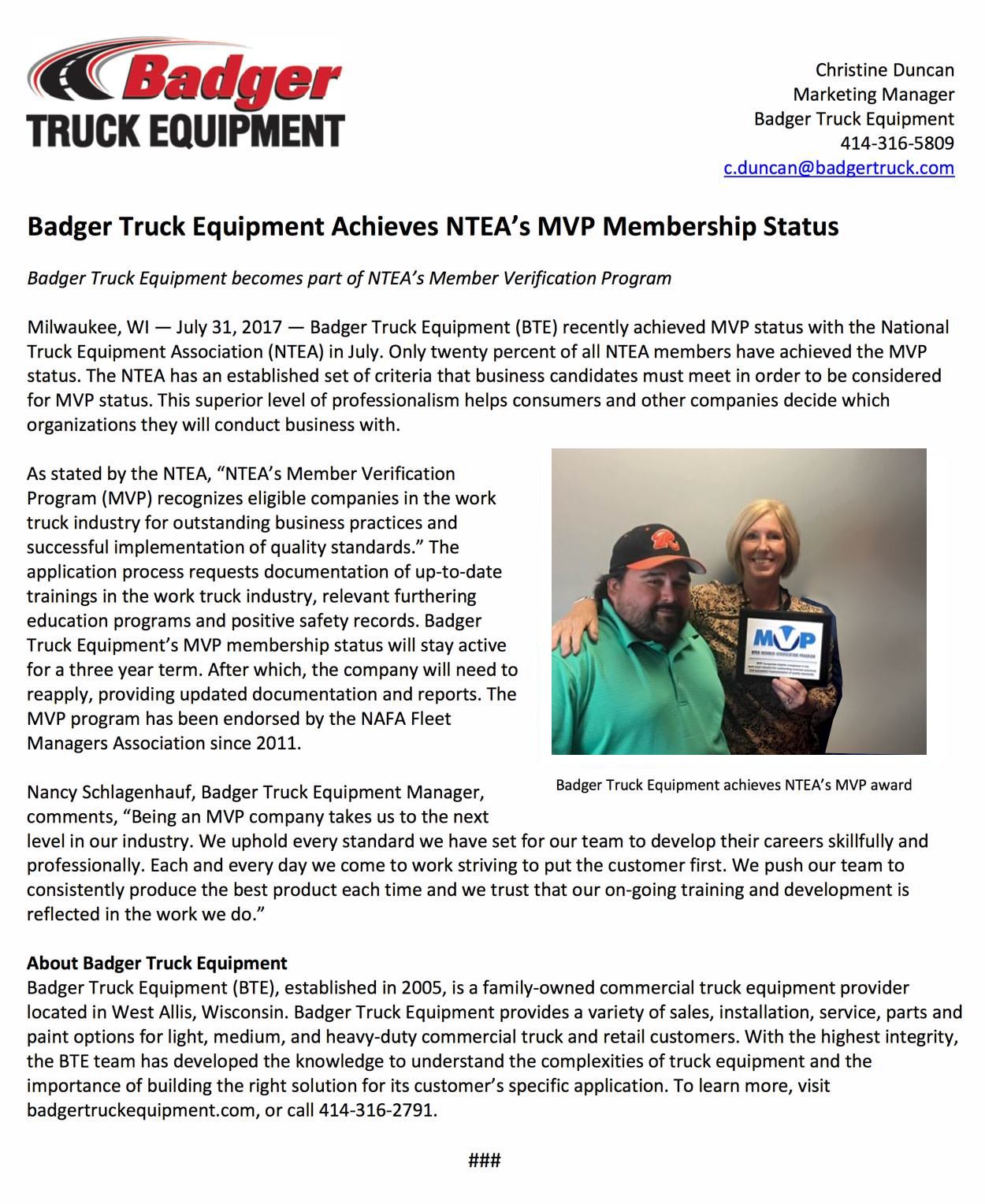 badger truck equipment earns ntea mvp award