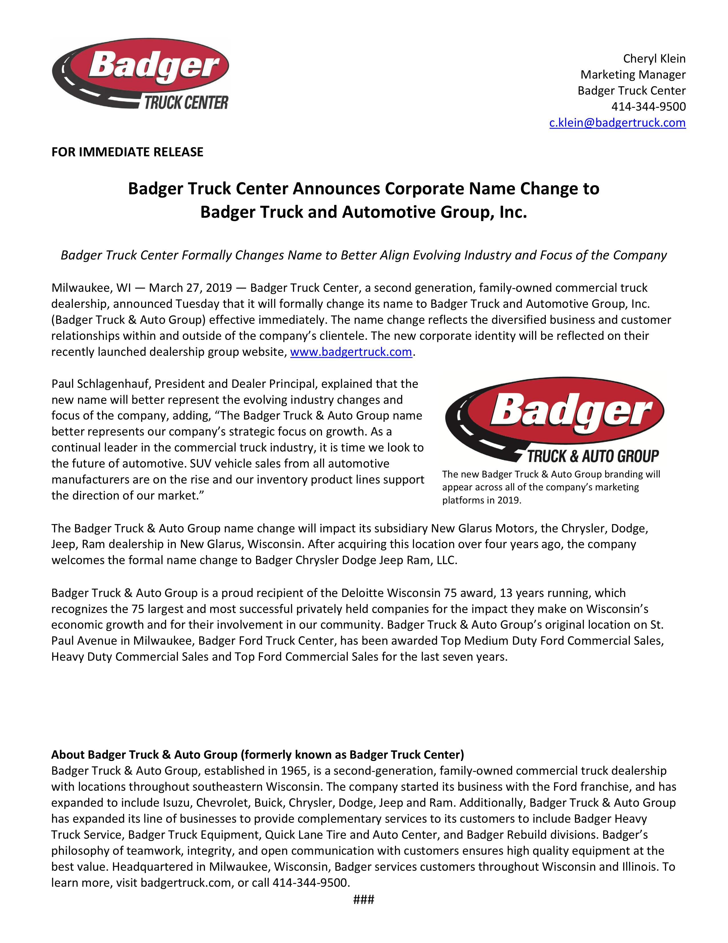 Badger Truck & Auto Group Corporate Name Change